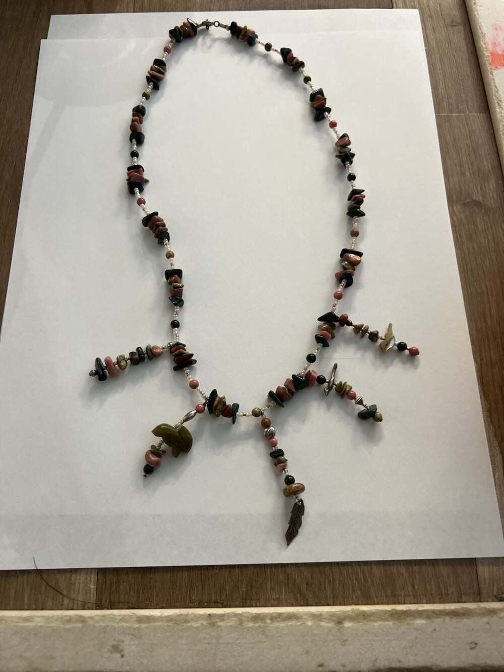 Artisan Beaded Necklace Earth Tone Stone Chip Animal Charms Boho
